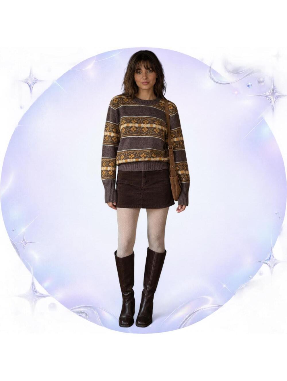Vintage 60s Orlon Fair Isle Sweater Brown Mustard Cream